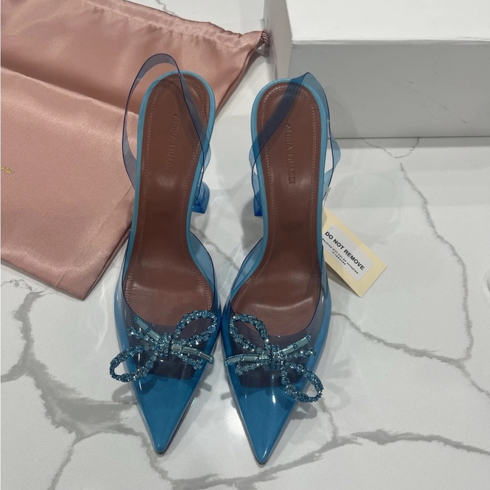 Amina Muaddi Teal Slingback Heels with Bow - Picture 2 of 9